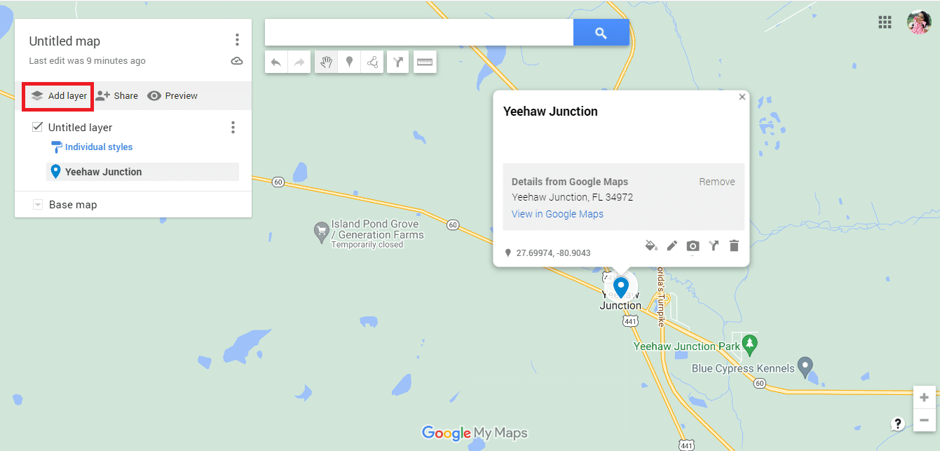 Torna alla nuova Google Map senza titolo e fai clic su Aggiungi livello