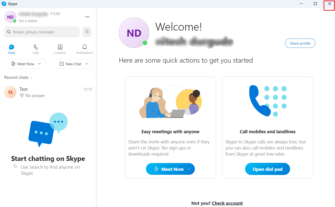 fai clic sull'icona X nell'angolo in alto a destra della finestra di Skype