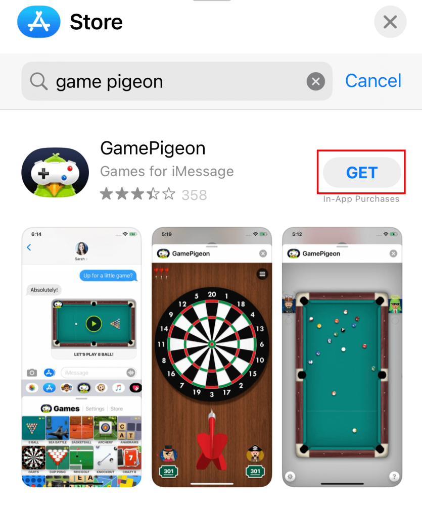 Tocca il pulsante Ottieni per scaricare l'app GamePigeon