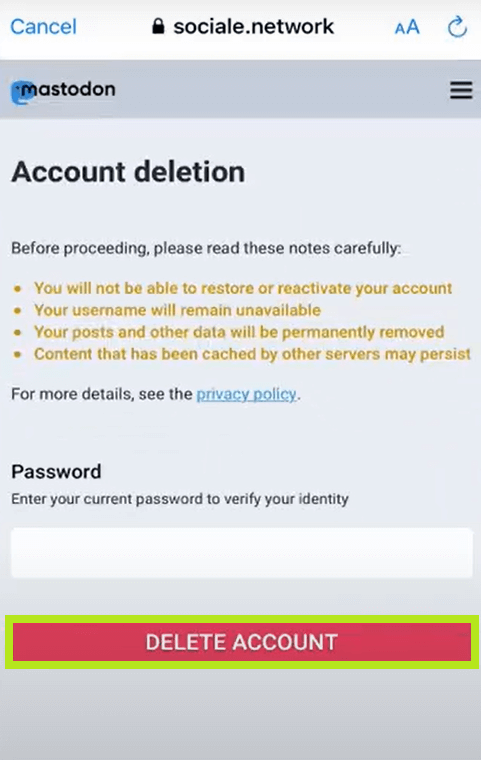Una volta inserita la password, premi Elimina account.