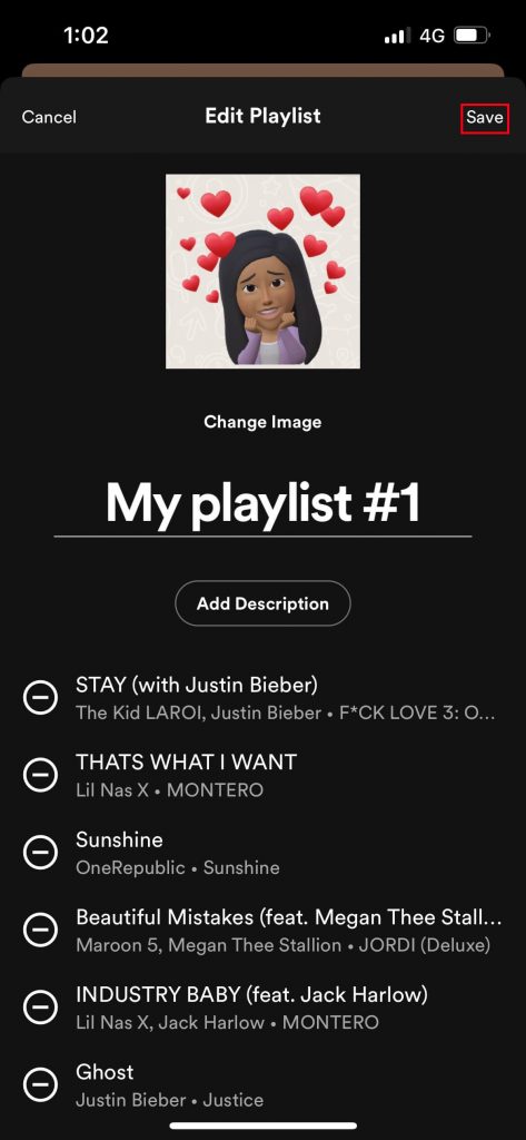 Tocca l'opzione Salva per cambiare l'immagine della playlist di Spotify