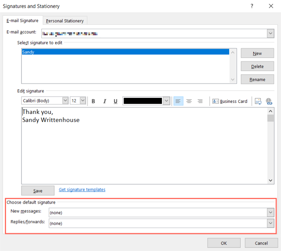 Impostazioni predefinite per una nuova firma