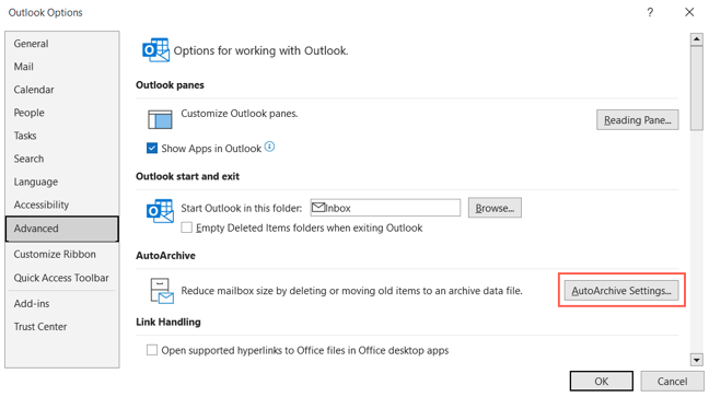 Pulsante Impostazioni archiviazione automatica nelle opzioni di Outlook