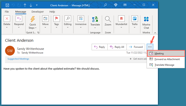 Riunione in un menu di posta elettronica di Outlook