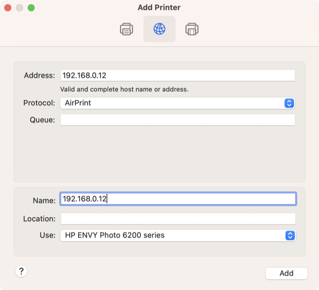 Aggiungi una stampante usando il suo indirizzo IP in Impostazioni di sistema macOS