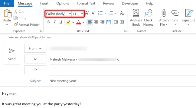 Modificare il carattere e la dimensione del carattere per un'e-mail specifica in Outlook per Windows e Mac.
