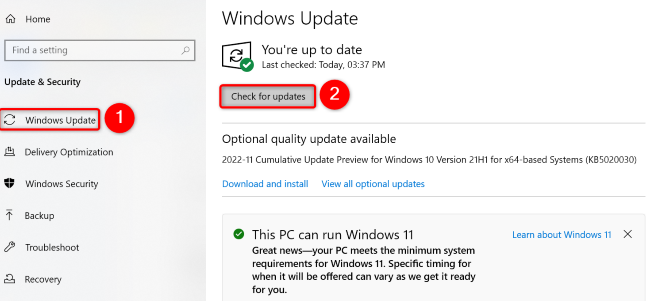 Seleziona Windows Update > Controlla aggiornamenti.