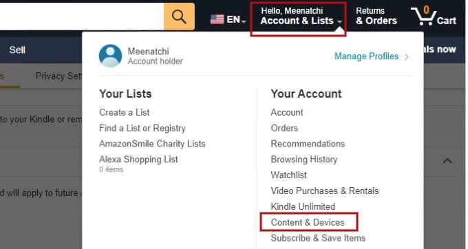 Impostazioni del profilo dell'account Amazon