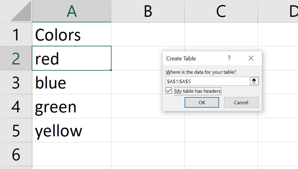 Menu Crea tabella di Excel aperto con i valori Colori, rosso, blu, verde e giallo della colonna A scelti come dati per la tabella