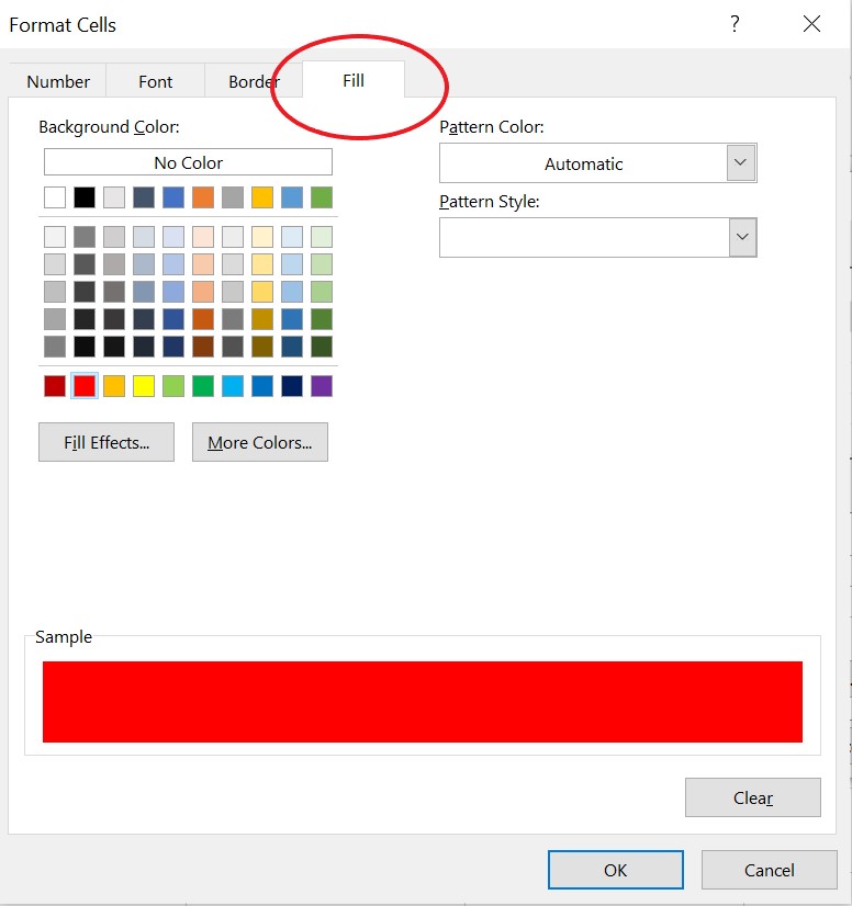 Menu Celle formato Excel con la scheda Riempimento selezionata e cerchiata e l'area Campione riempita con il colore rosso