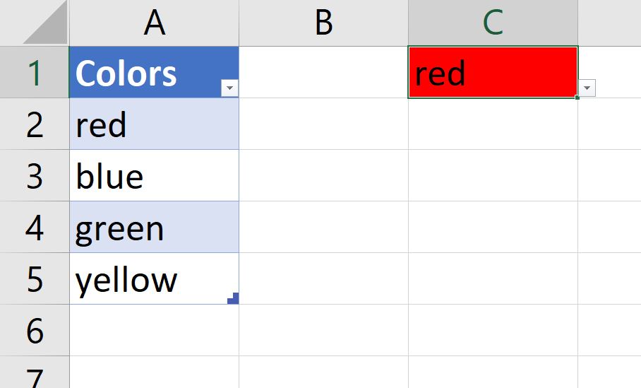 Tabella di Excel con i colori rosso, blu, verde e giallo elencati nella colonna A e la parola rosso con sfondo rosso nella cella C1