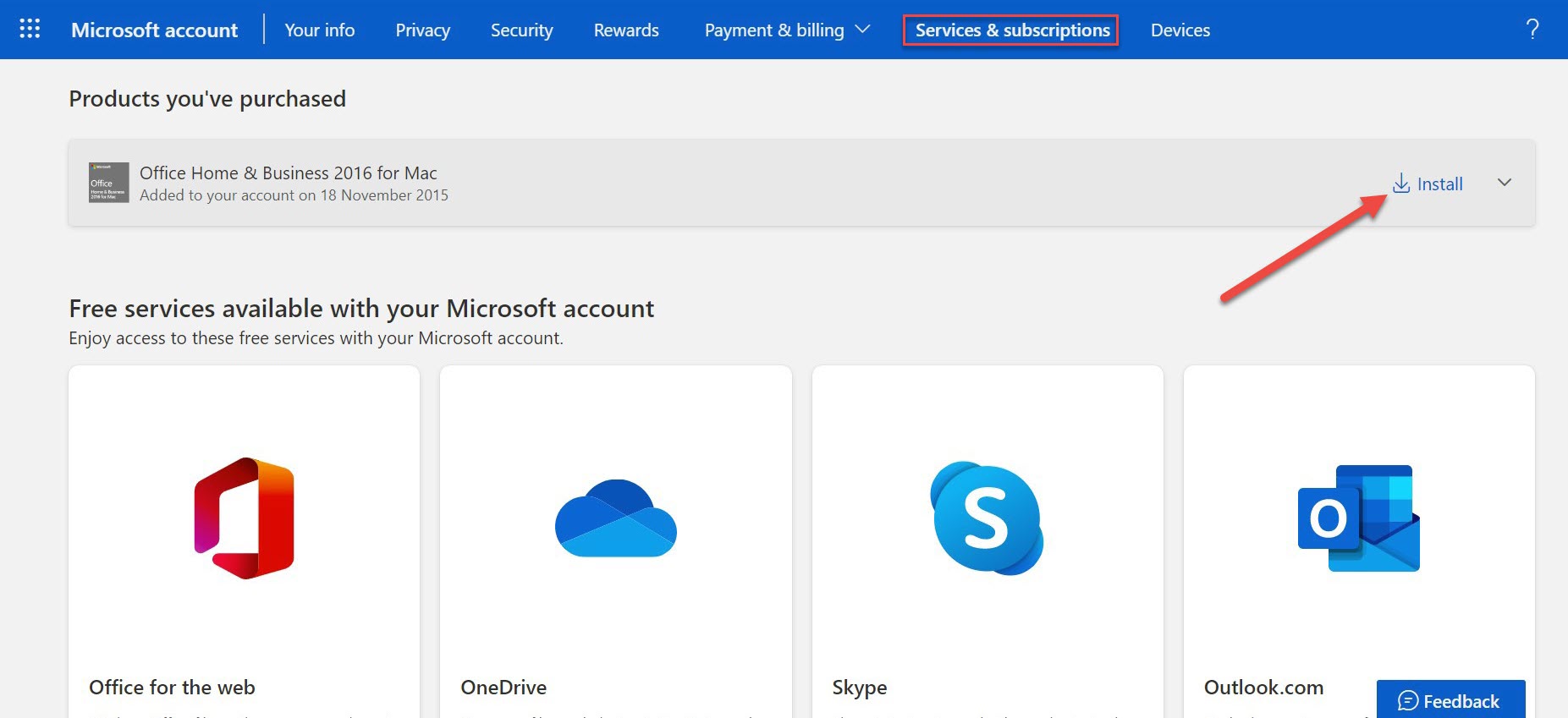 Pagina "Servizi e abbonamenti" di Microsoft