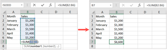 Formula somma e risultato in Excel