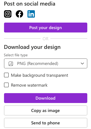 Opzioni di condivisione e download di Microsoft Designer