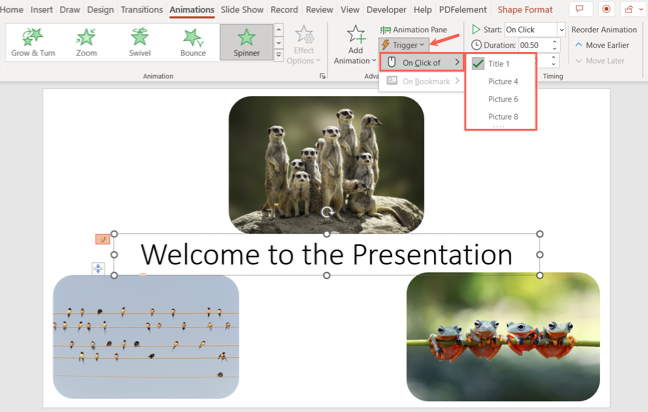 Opzioni di attivazione per un'animazione in PowerPoint