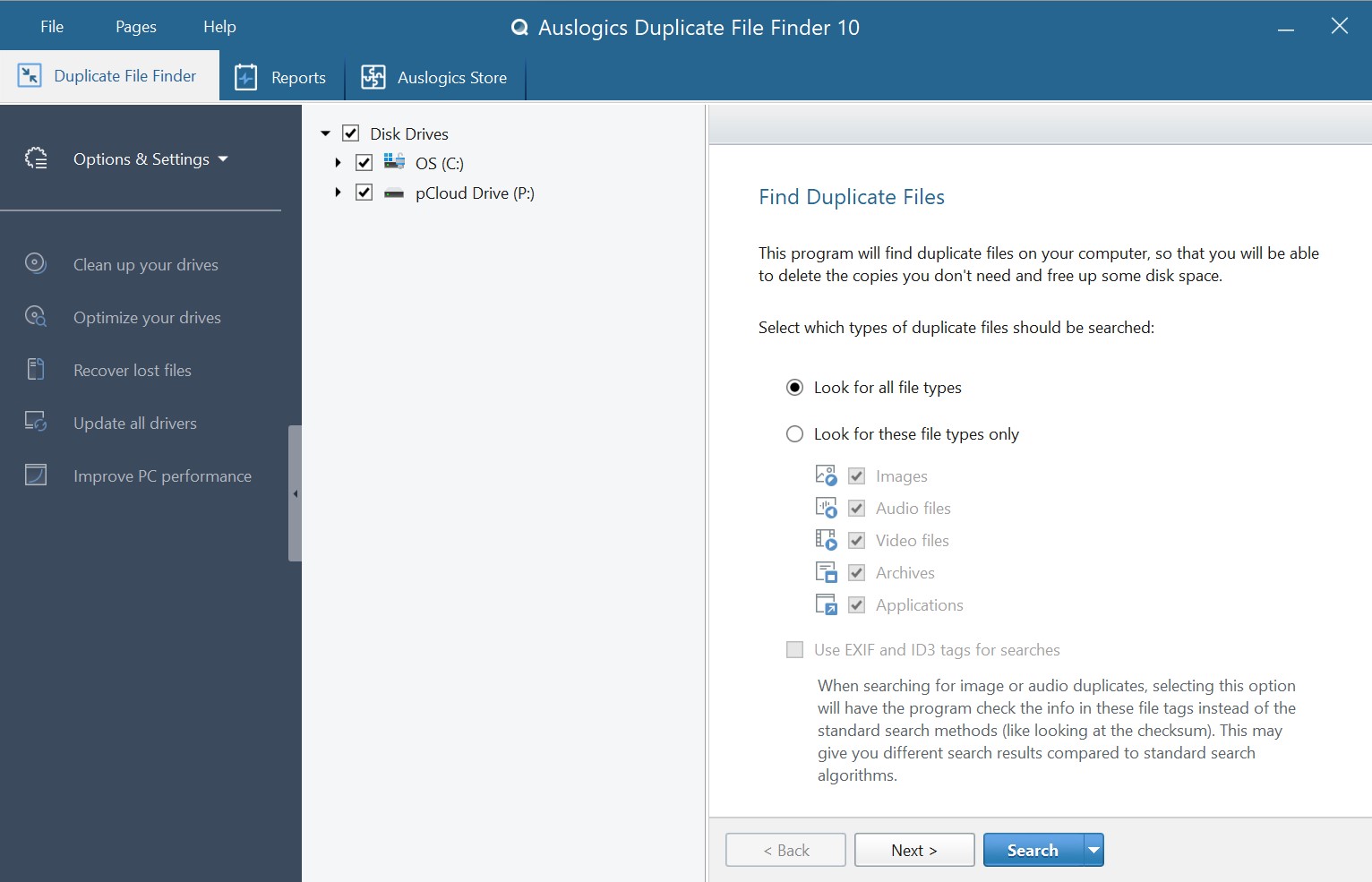 Schermata principale di Auslogics Duplicate File Finder