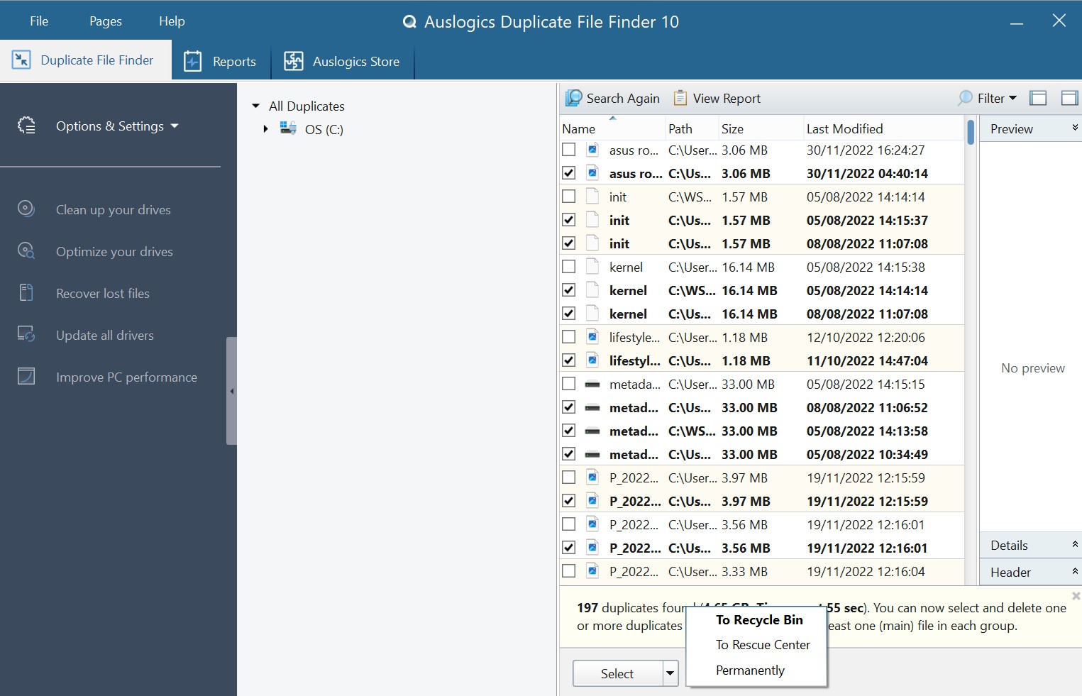 Opzioni di eliminazione di Auslogics Duplicate File Finder