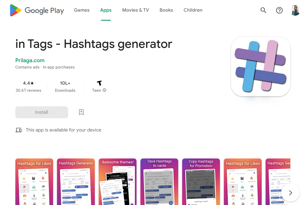 In Tag: pagina Google Play Store del generatore di hashtag