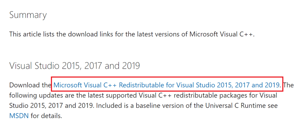 Apri la pagina ridistribuibile di Microsoft Visual C++