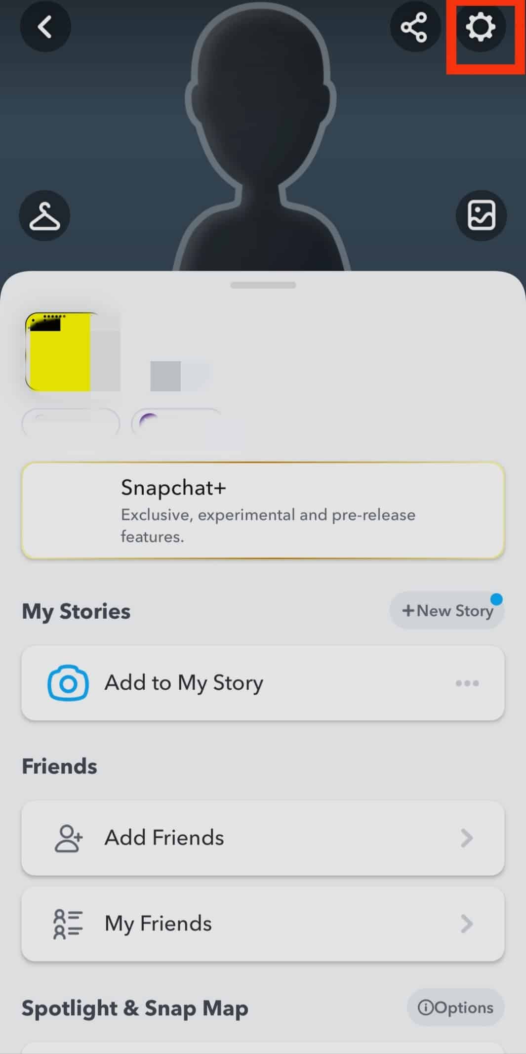 Tocca l'icona dell'ingranaggio. | Come rimuovere il numero di telefono da Snapchat
