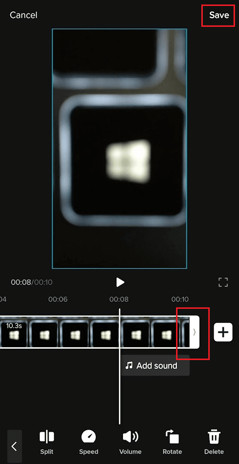 Traccia video - fine della traccia video - freccia fine - spostala per modificare la durata - Salva