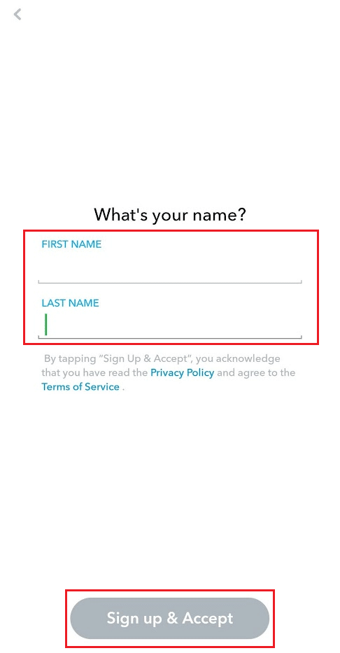 Inserisci il tuo nome e cognome e tocca Iscriviti e accetta | Come rimuovere il numero di telefono da Snapchat