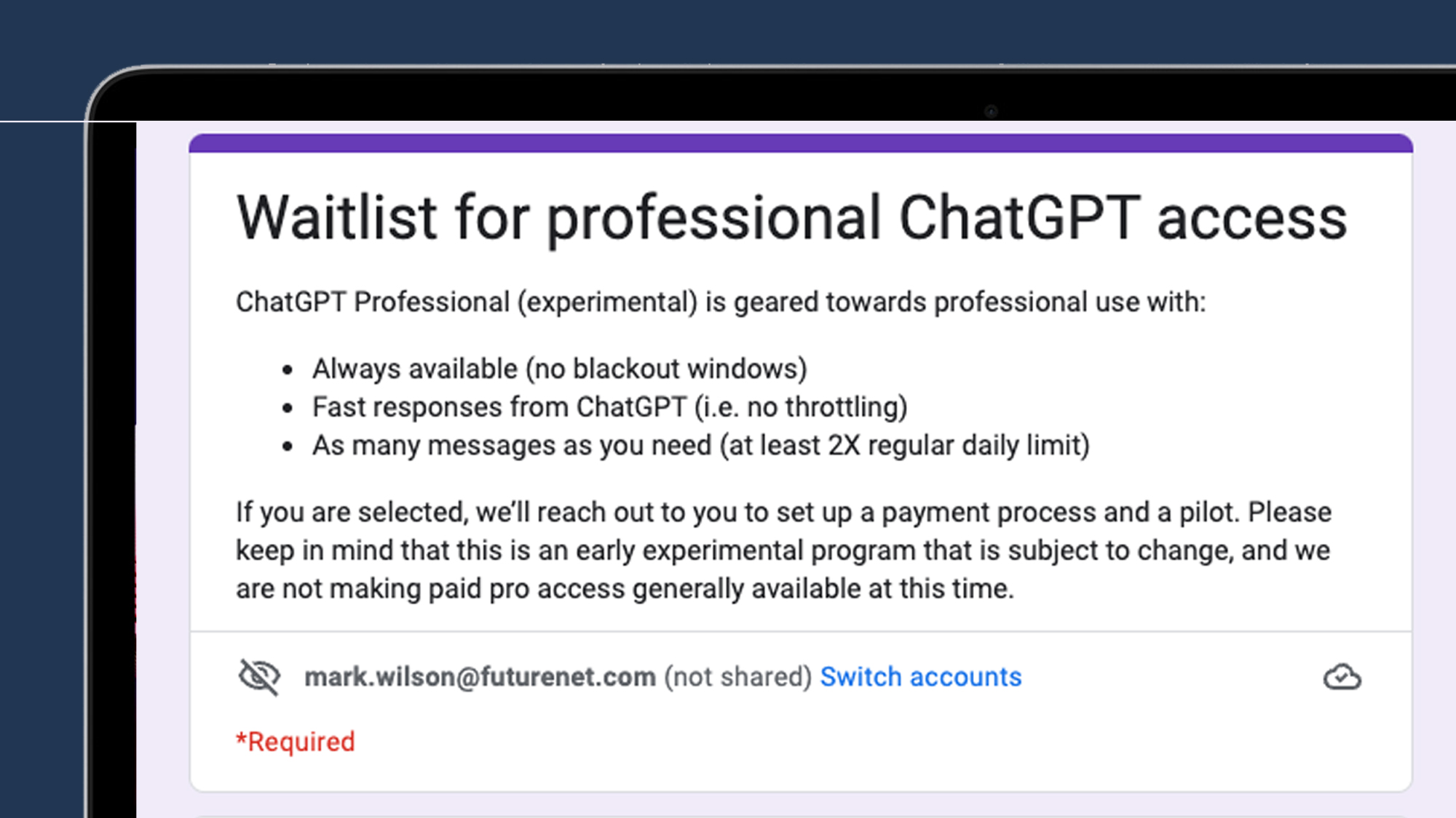 Un modulo di lista d'attesa per ChatGPT Professional