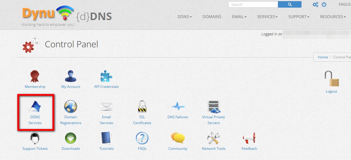 un'immagine del menu principale per Dynu DDNS.