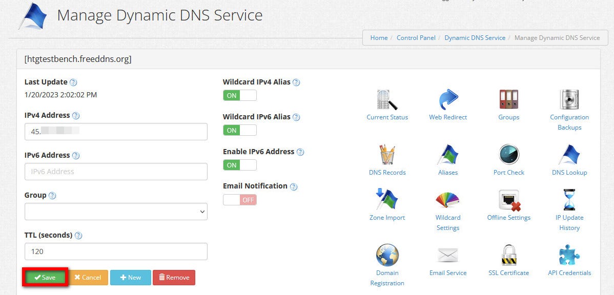 un'immagine delle impostazioni per una voce DNS dinamico su Dynu DDNS.