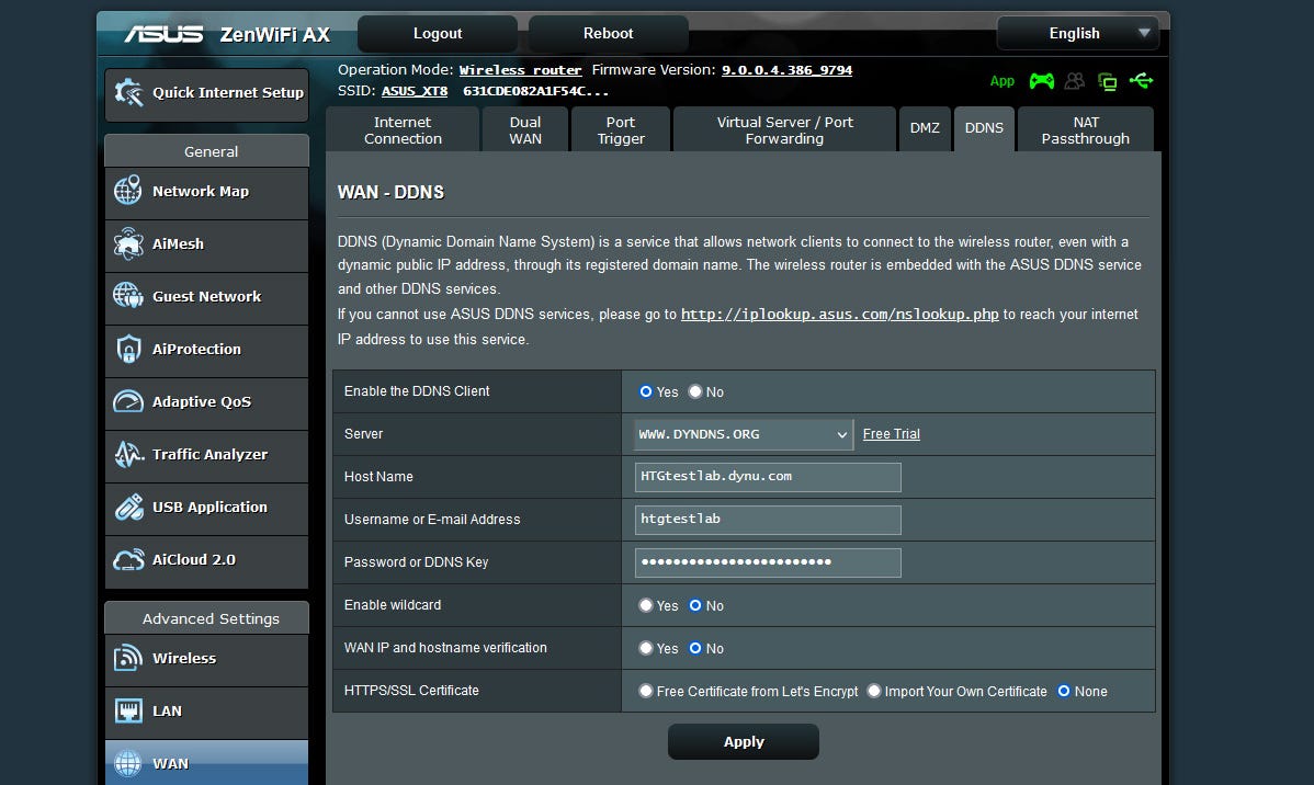 un'immagine di un router ASUS, che mostra la pagina di ingresso DDNS.