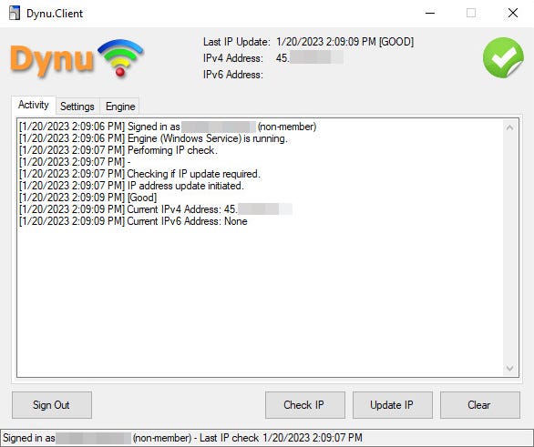 un'immagine del client di aggiornamento Dynu in esecuzione su un PC Windows.