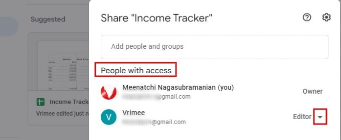 Foglio Google Persone con menu di accesso