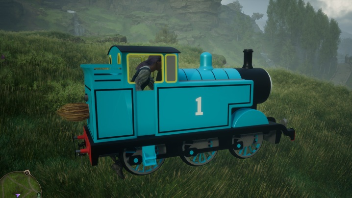 Un mago che cavalca Thomas, la locomotiva del treno.