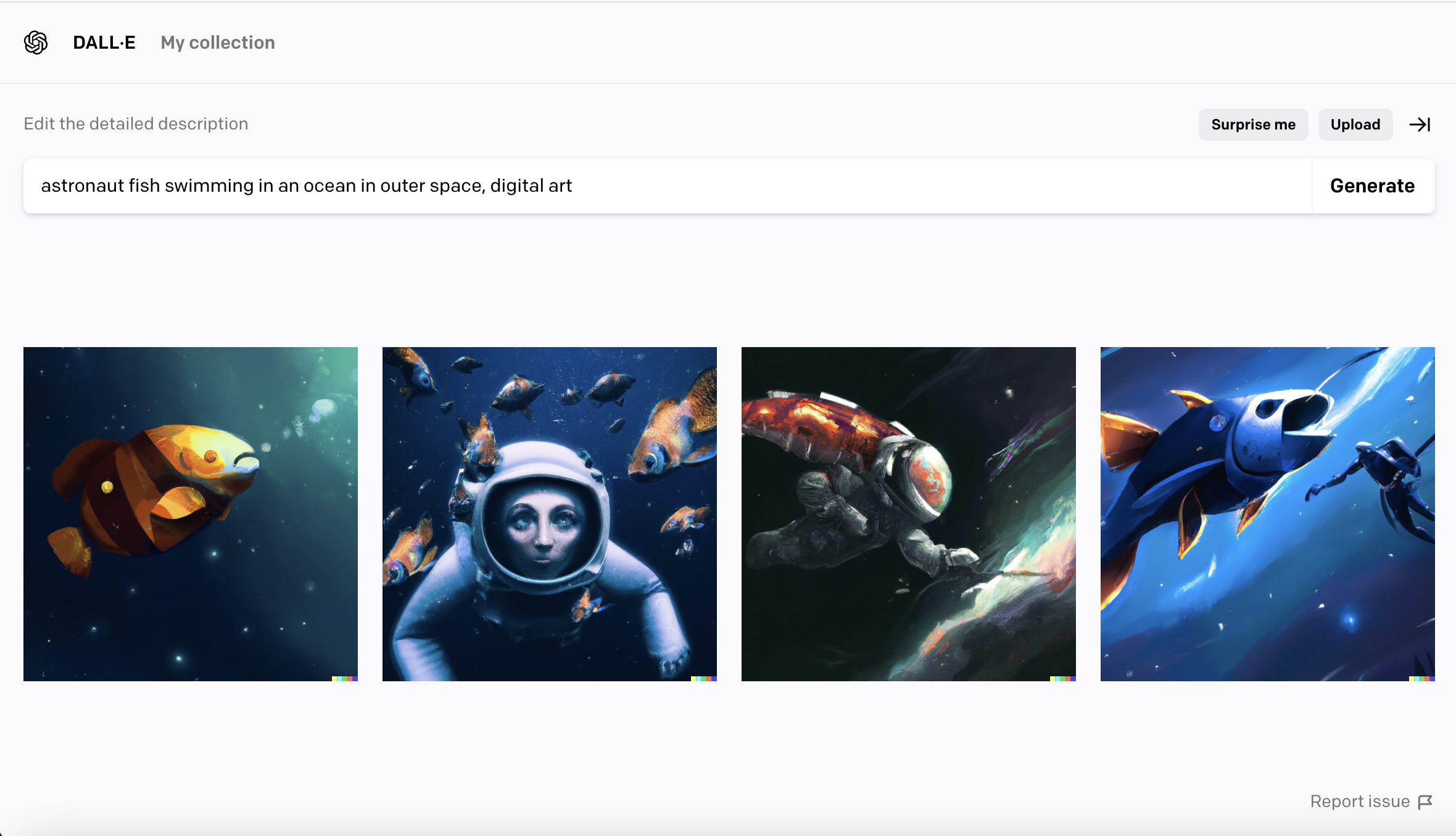 screenshot di DALL·E alla ricerca di pesci astronauti che nuotano in un oceano nello spazio, arte digitale