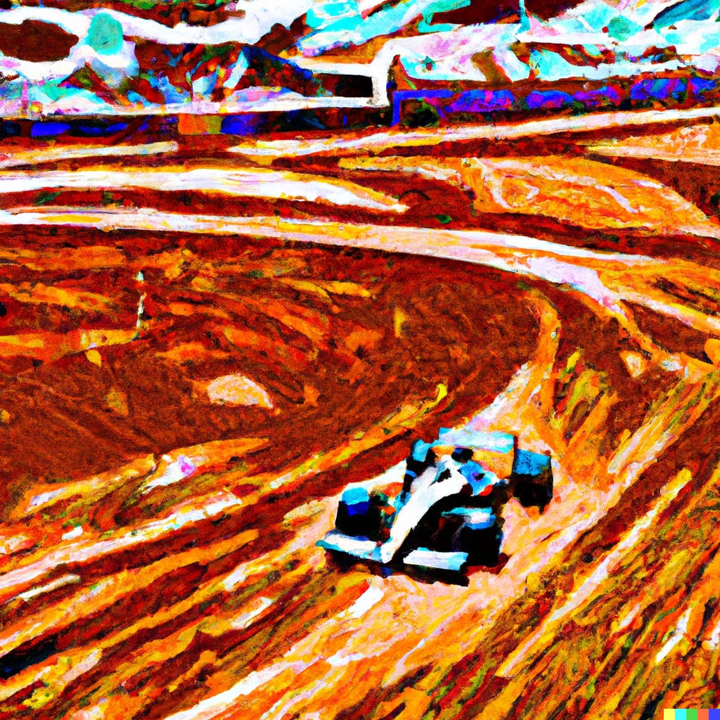DALL·E Immagine generata dall'intelligenza artificiale di un dipinto in stile van Gogh di un'auto di Formula 1 che guida su Marte