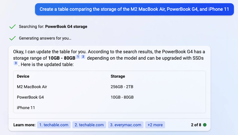 Crea una tabella confrontando lo spazio di archiviazione di M2 MacBook Air, PowerBook G4 e iPhone 11
