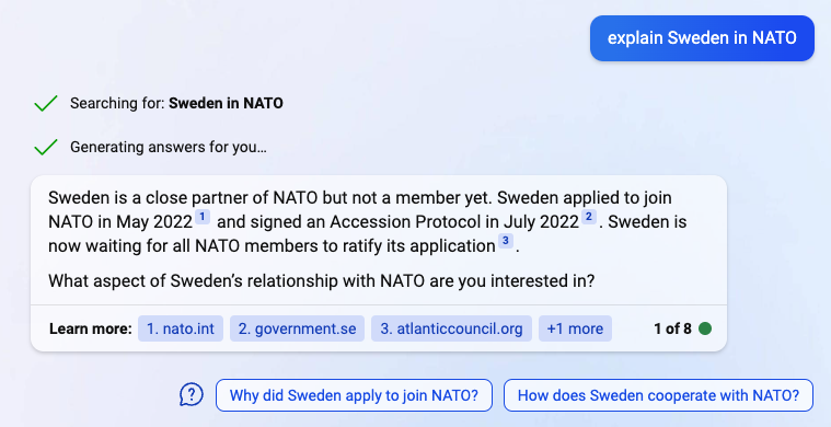 "Spiegare la Svezia nella NATO. La Svezia è un partner stretto della NATO ma non ancora un membro. La Svezia ha chiesto di aderire alla NATO nel maggio 2022 e ha firmato un protocollo di adesione nel luglio 2022. La Svezia sta ora aspettando che tutti i membri della NATO ratifichino la sua domanda."