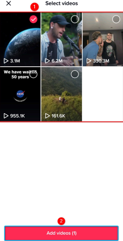 Scegli i video e tocca "Aggiungi video (X)".