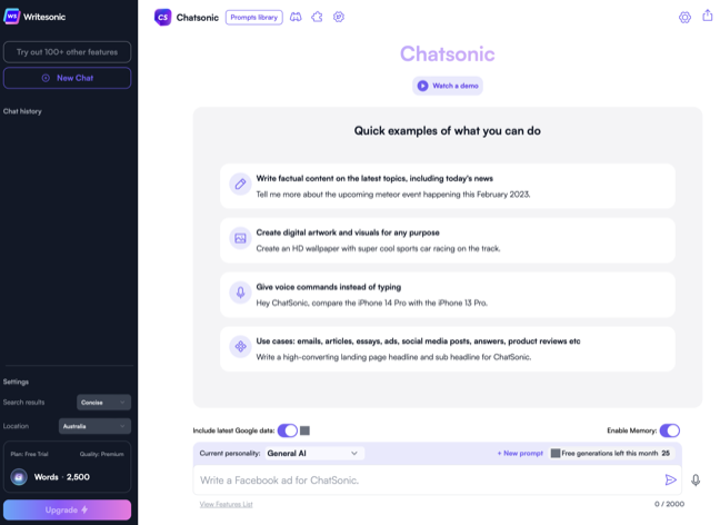 Il chatbot Chatsonic basato sull'intelligenza artificiale di WriteSonic