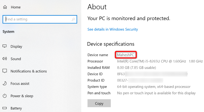 Visualizza il nome del PC Windows 10.