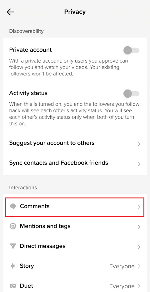 Tocca l'opzione Commenti dalla sezione Interazioni