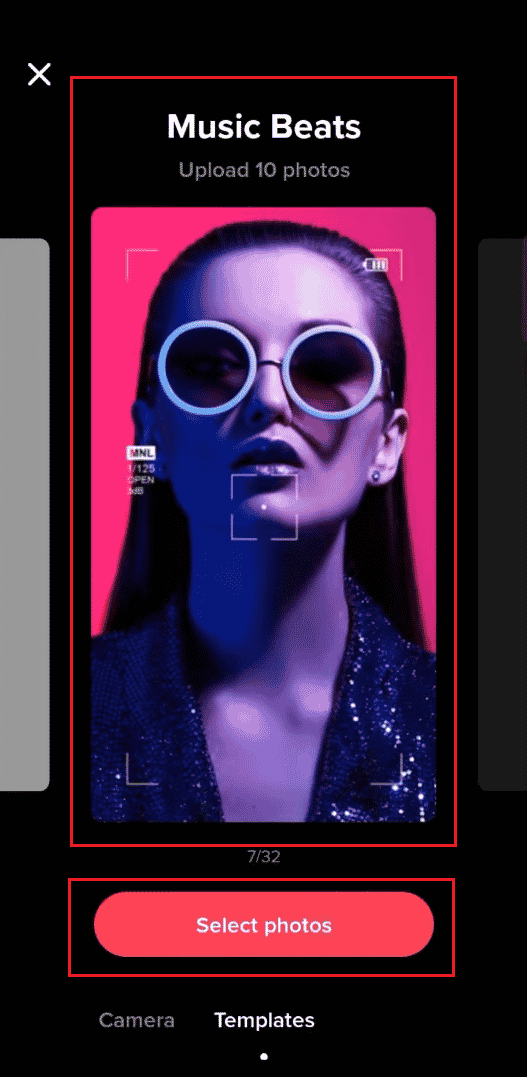 Seleziona il modello Music Beats tra quelli disponibili e fai tap su Seleziona foto | Come creare una presentazione su TikTok