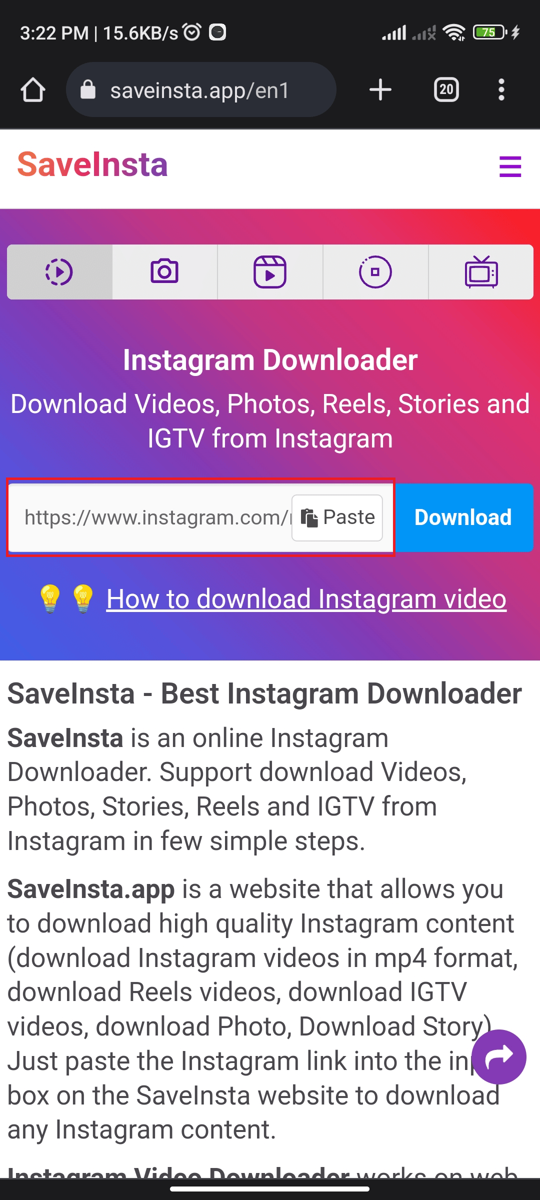 Collegamento URL su Saveinsta | Come invertire l'audio su Instagram