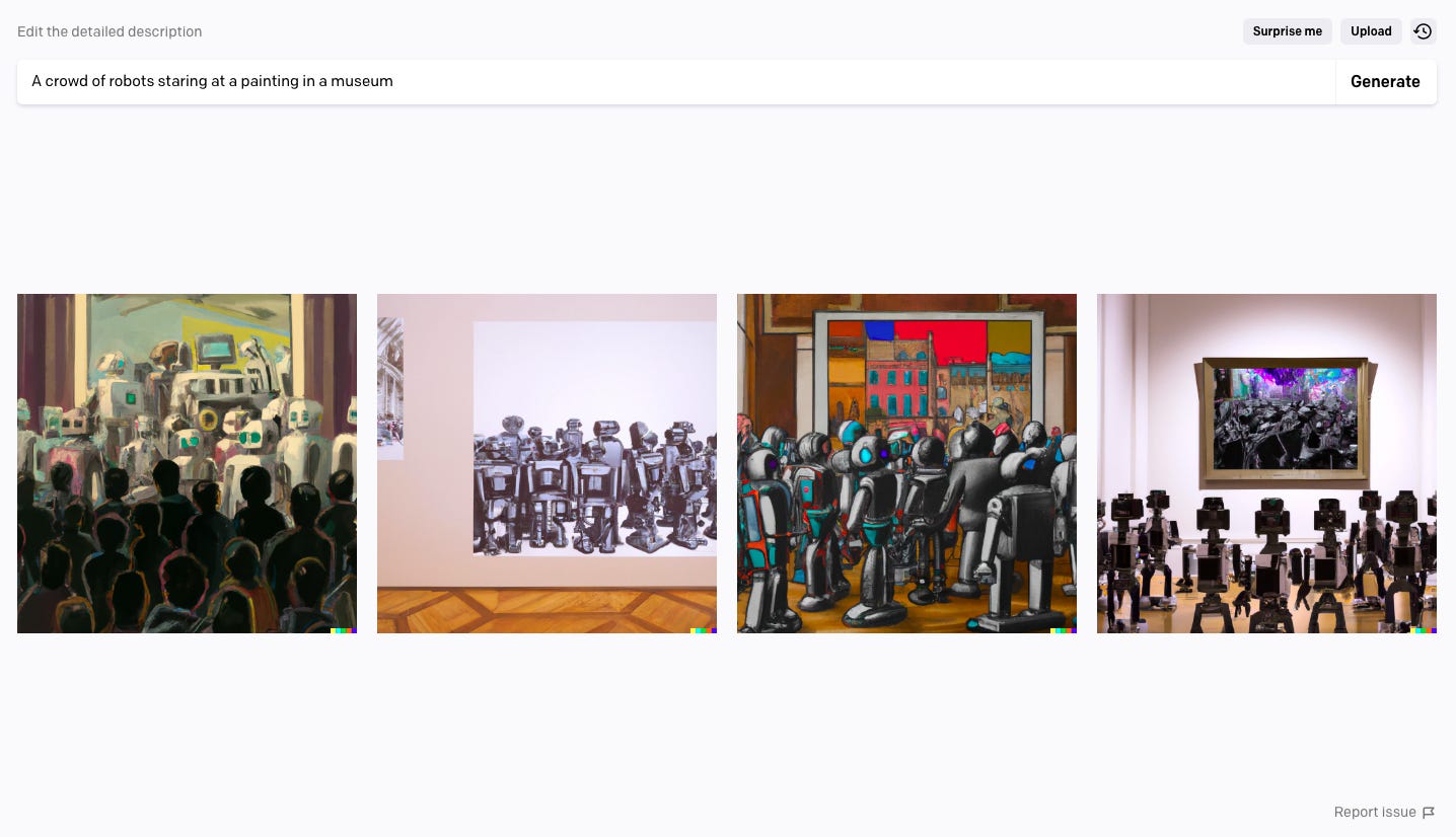 Quattro immagini fornite da DALL-E 2 in risposta al prompt "Una folla di robot che fissano un dipinto in un museo"