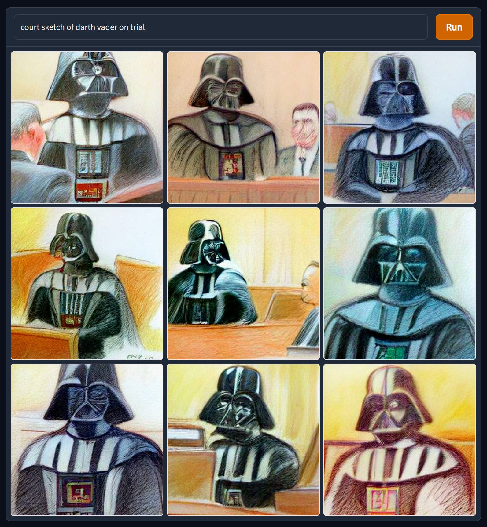Una serie di immagini create da DALL·E mini utilizzando il prompt "Schizzo in tribunale di Darth Vader sotto processo".