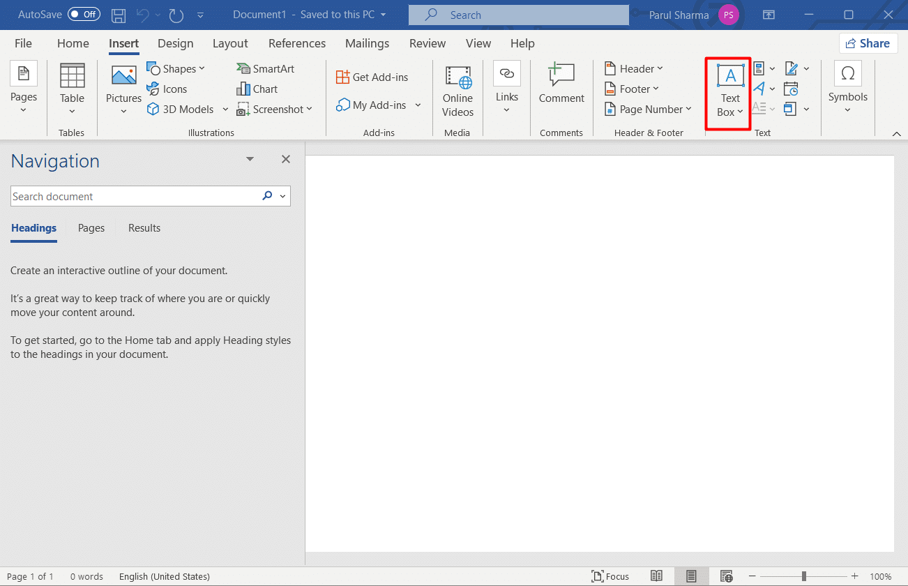 scegli l'opzione Casella di testo in Word