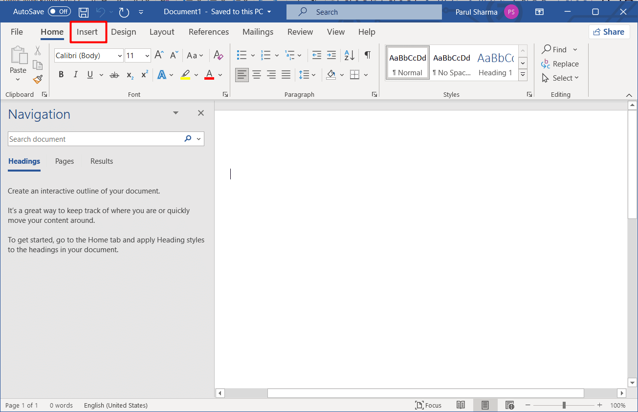 Apri un documento Word e fai clic su Inserisci