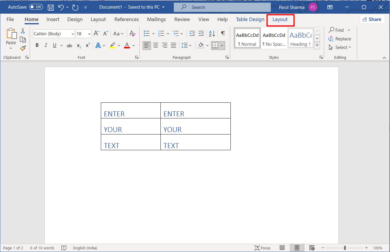 vai alla scheda Layout in Word. Come rendere il testo verticale in Word