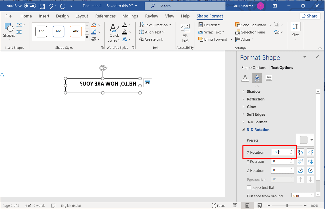 imposta la rotazione X su 180. Come rendere il testo verticale in Word