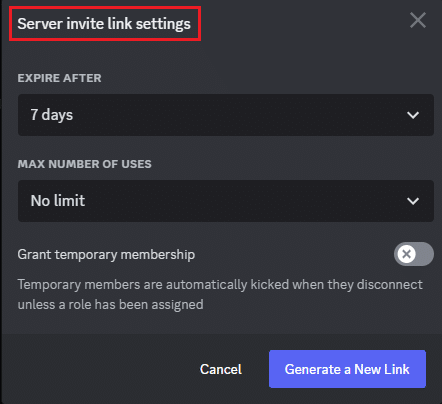 Impostazioni del link di invito al server Discord